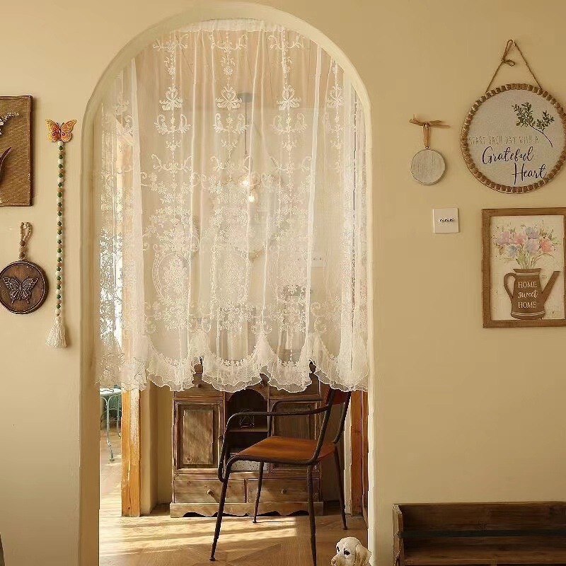 French Retro Embroidered Embroidered Curtain Window Screen Half Curtain Door Curtain with Lace Bead Decorative Short Curtain Partition Non-Punch