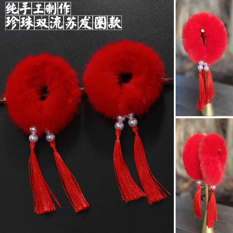 Año Nuevo accesorios para el cabello imitación conejo de peluche anillo de pelo estilo chino niños Hanfu accesorios para el cabello niña bebé Bola de piel roja estilo antiguo