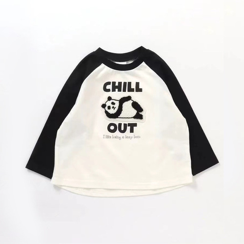  Fall Children's Embroidered Hamburger Panda Pattern Drop Shoulder Round Neck Long Sleeve T-Shirt