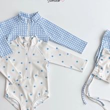 新款韩国童装公主风夏季新女童宝宝格子圆点长袖连体泳衣0117A002