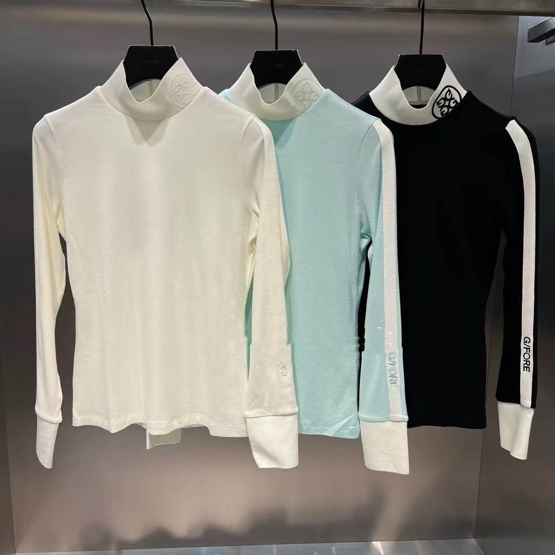 New Korean Golf Clothing for Women, Autumn and Winter Stand Collar with Letter Logo, Fashionable Versatile Stylish Long-Sleeve Base Shirt Top