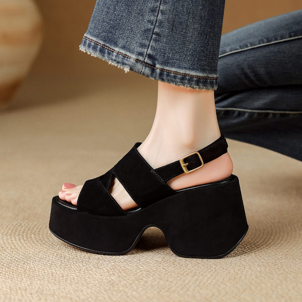 Sandal cao gót nữ đế platform da lộn quai ngang gót 9 cm — Da cừu đen lật, Da cừu đen