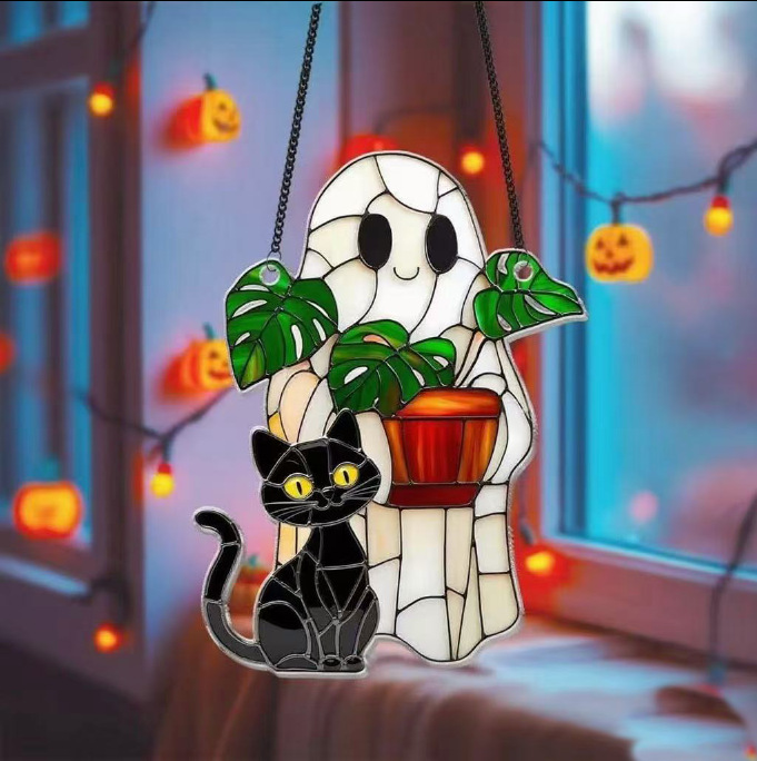 Nuevos productos transfronterizos de Halloween Gatos fantasmas atrapadores de sol pequeños fantasmas 2D plano acrílico colgante de atmósfera de vacaciones
