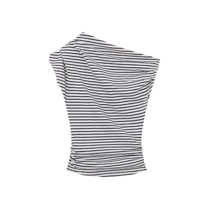 ストライプオフショルダー斜め襟半袖Tシャツ女性用夏ホットガール純粋な欲望スタイル痩身気質美しいトップトレンディ|undefined