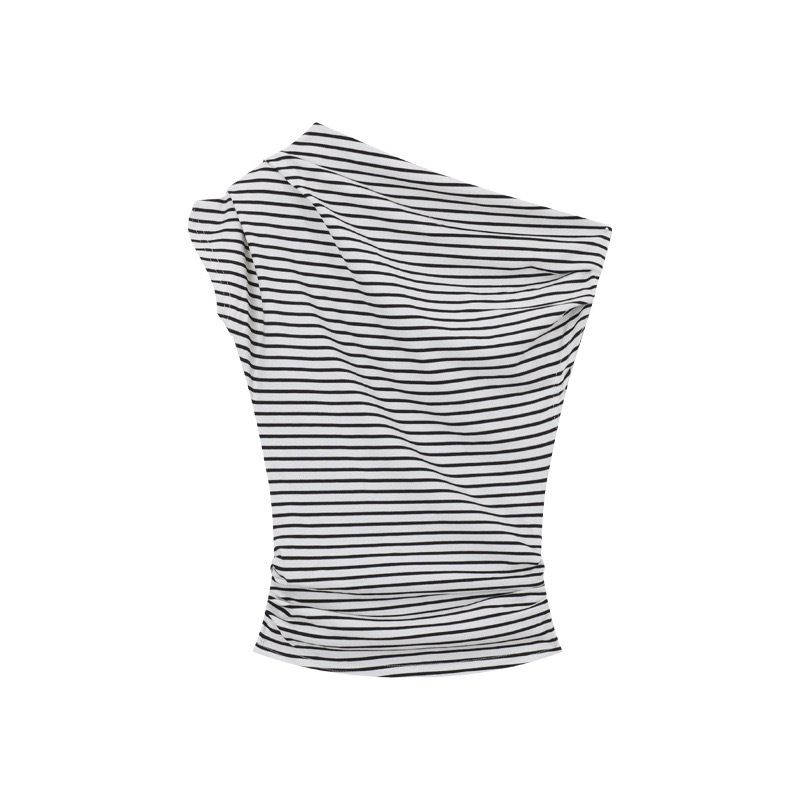 Striped Off-Shoulder Asymmetrical Neck Short-Sleeve T-Shirt for Women, Summer Hot Style, Spicy Pure Desire Style, Slimming and Elegant Top, Trendy