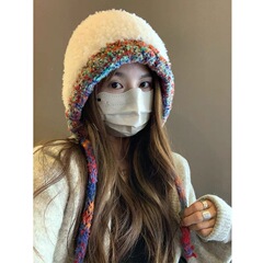 手工大头围毛绒针织帽显脸小帽子女韩版毛线帽保暖护耳帽可斜挎帽