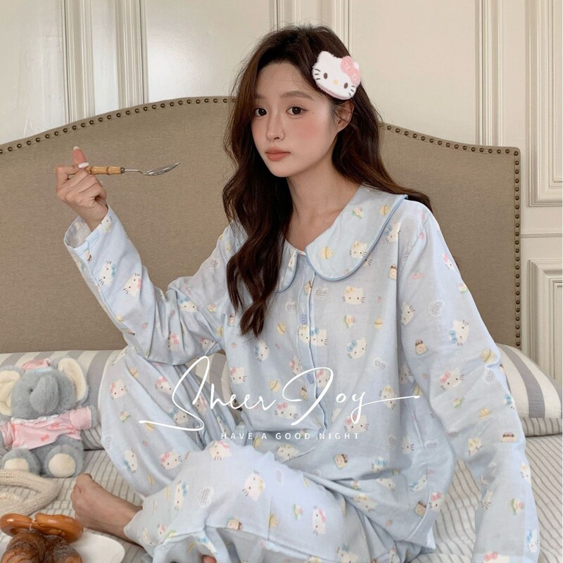 Autumn New Sweet and Cute Ins Style Doll Collar Family Cardigan Aerobic Cotton Gauze Pajamas Pure Cotton Home Clothes for Women Autumn New Sweet and Cute Ins Style Doll Collar Family Cardigan Aerobic Cotton Gauze Pajamas Pure Cotton Home Clothes for Women