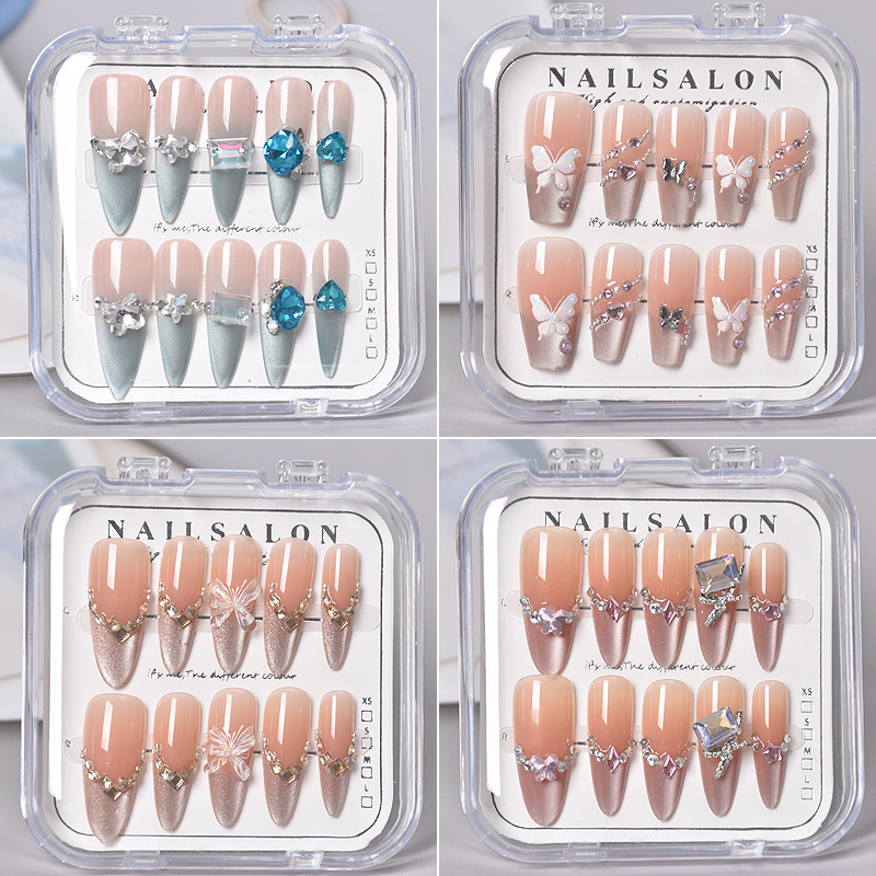 透明盒装美甲穿戴甲成品批发可拆卸手工贴钻美甲预制甲跨境合集