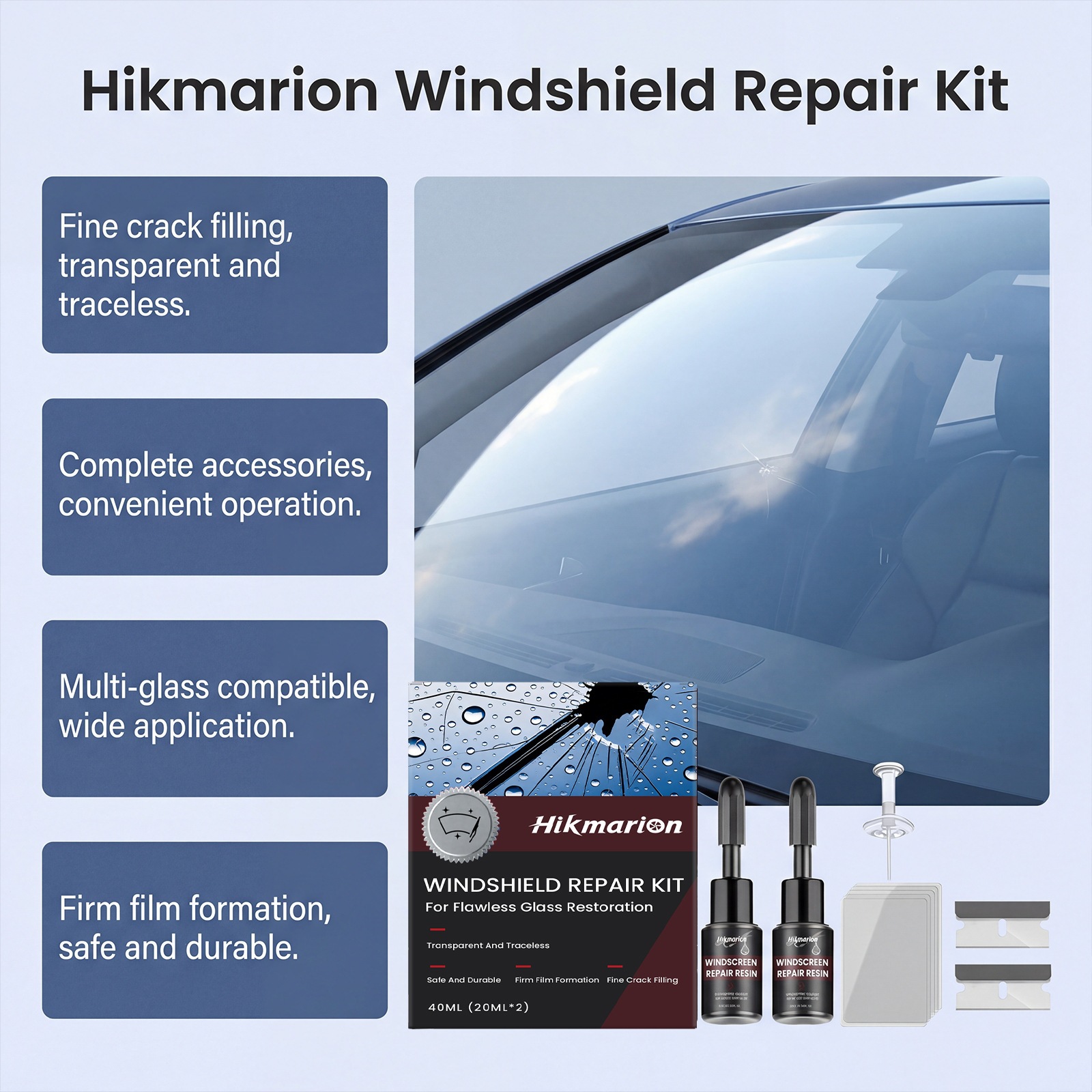 Hikmarion Car Windshield Care Kit for Daily Repair, Refurbishment, and Maintenance of Car Window Glass Cracks