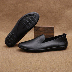 Men's Summer Top-Grain Leather Shoes, Ultra-Soft, Breathable, Lightweight, Lazy Person Shoes, Foreign Trade, Youth Round-Toe Slip-On, Korean Style, Bean Shoes