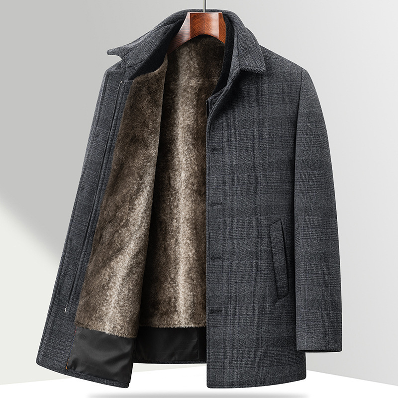 Plaid wool coat removable fleece-lined padded liner winter coat for middle-aged and elderly fathers a generation of hair