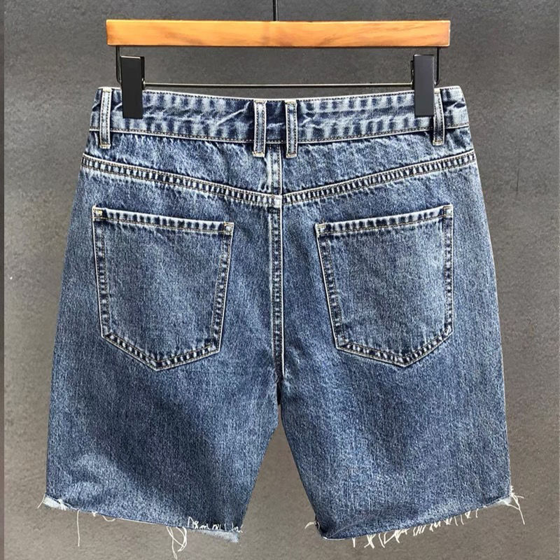 Summer Denim Shorts For Men Trendy High End Retro Casual Distressed Wash Slim Fit Five Point_mkmklike.com