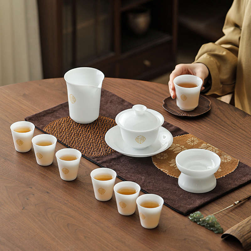 冰种釉烧茶具套装送礼高端瓷器高温瓷德化白瓷三才盖碗万福