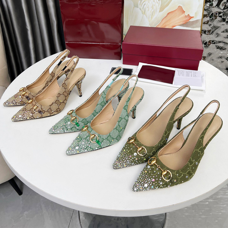 European and American Fashion High-Heeled Sandals 2025 Double g Letter Hot Diamond Horsebit Metal Single Shoes Closed-Toe Back Strap Foreign Trade Trend European and American Fashion High-Heeled Sandals 2025 Double g Letter Hot Diamond Horsebit Metal Single Shoes Closed-Toe Back Strap Foreign Trade Trend