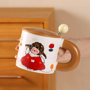 Explosive Children's Retro Boys and Girls Ceramic Water Cup Lid Spoon Home Mug Couple Cup Cute Pair