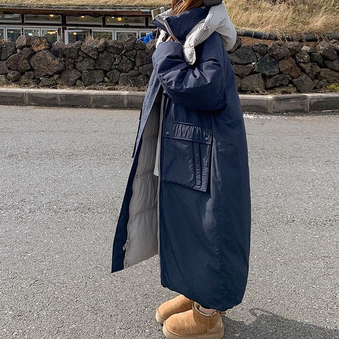 Navy Blue Reversible White Duck down Jacket for Women Winter New Style Extra Long over the Knee and Ankle High-End