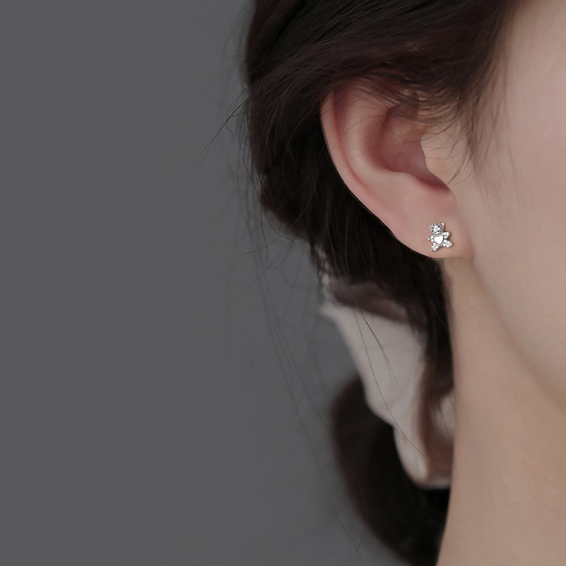 925 Sterling Silver Material 1 Pair 925 Sterling Silver Bear Heart Shape Ear Studs