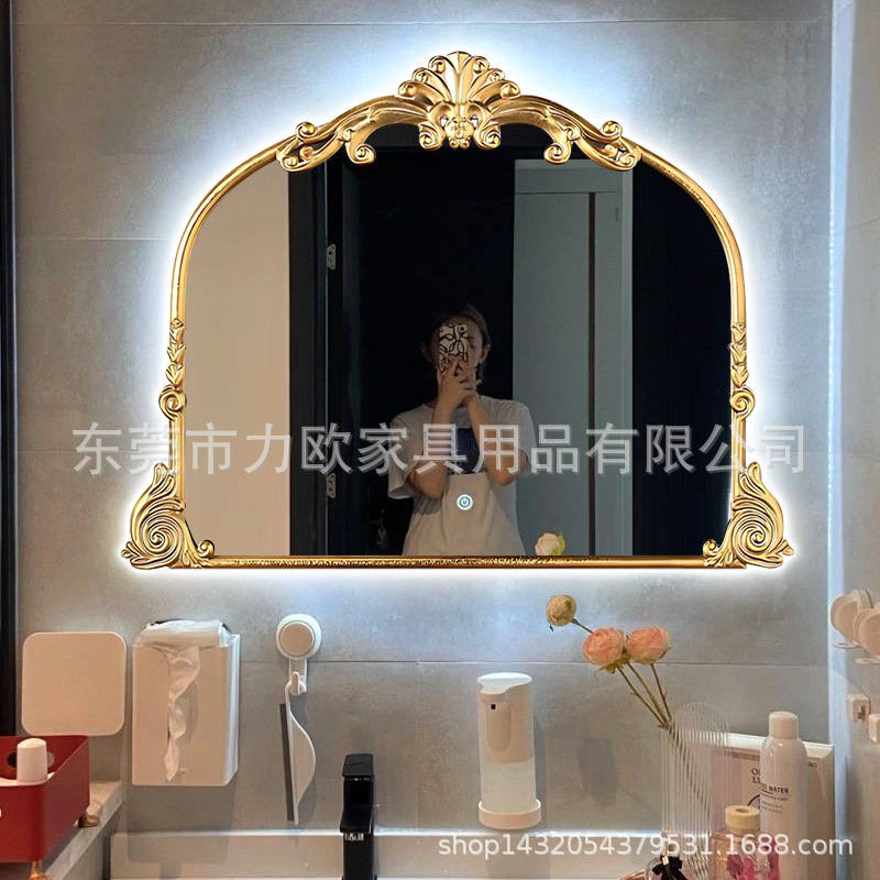 French Bathroom Mirror Retro Frame Bathroom Mirror Wall-Mounted Bathroom Makeup Mirror Defogging Mirror Anti-Fog Smart Mirror with Light