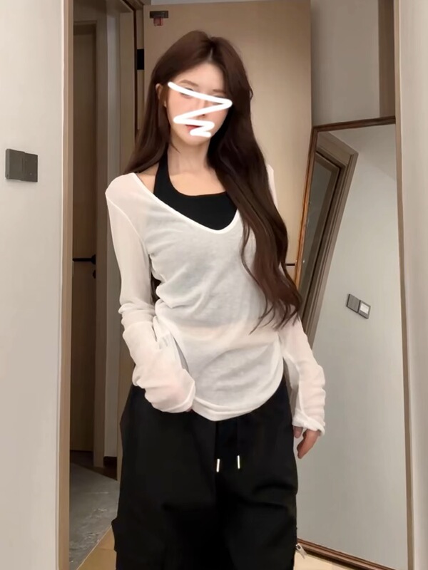 三件套女2025秋季纯欲风辣妹防晒长袖罩衫上衣吊带背心高腰阔腿裤|undefined
