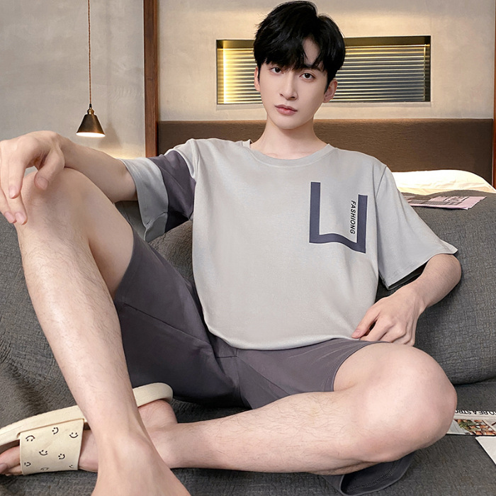 Pijamas de verano de los hombres de algodón artificial de cuello redondo jersey de manga corta pantalones cortos traje casual desgaste del hogar se puede usar fuera supermercado