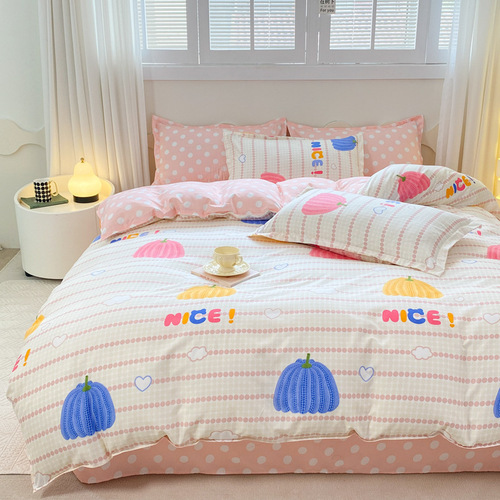 Aloe Vera Cotton Children's Cartoon Four-Piece Set, Fleece Cute Bed Sheet with 4 Pillowcases, Student Dorm Three-Piece Set for Boys and Girls