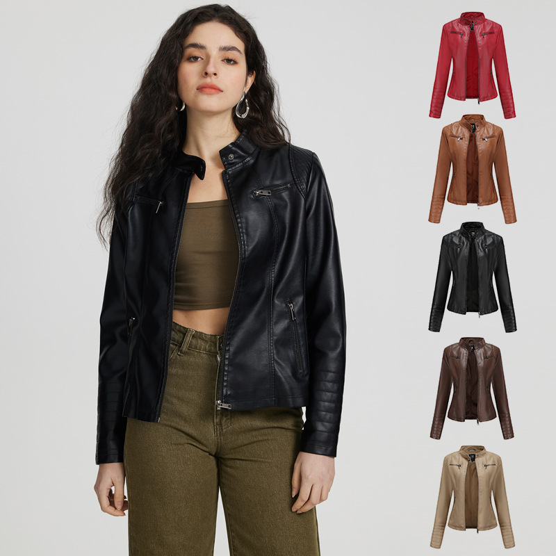 Wish Motorcycle Leather Women's Spring and Autumn Collar Jacket Coat Women's Slim-fit Casual American Style Retro Thin Small Coat