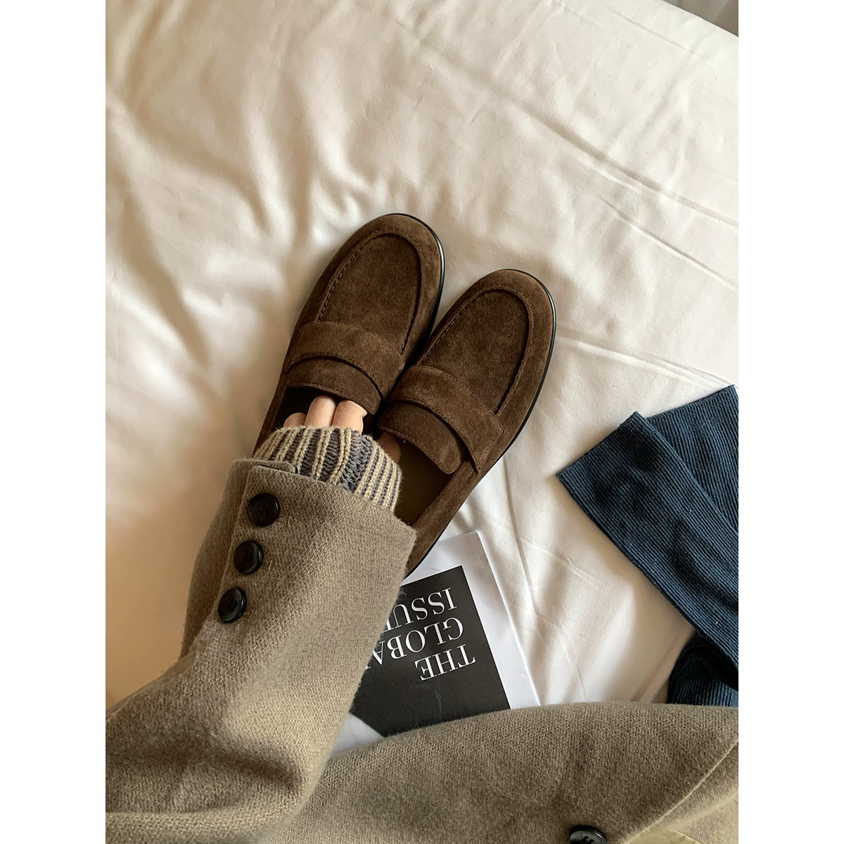 羊皮葡萄妈同款复古英伦风粗跟小皮鞋女一脚蹬懒人真皮厚底乐福鞋