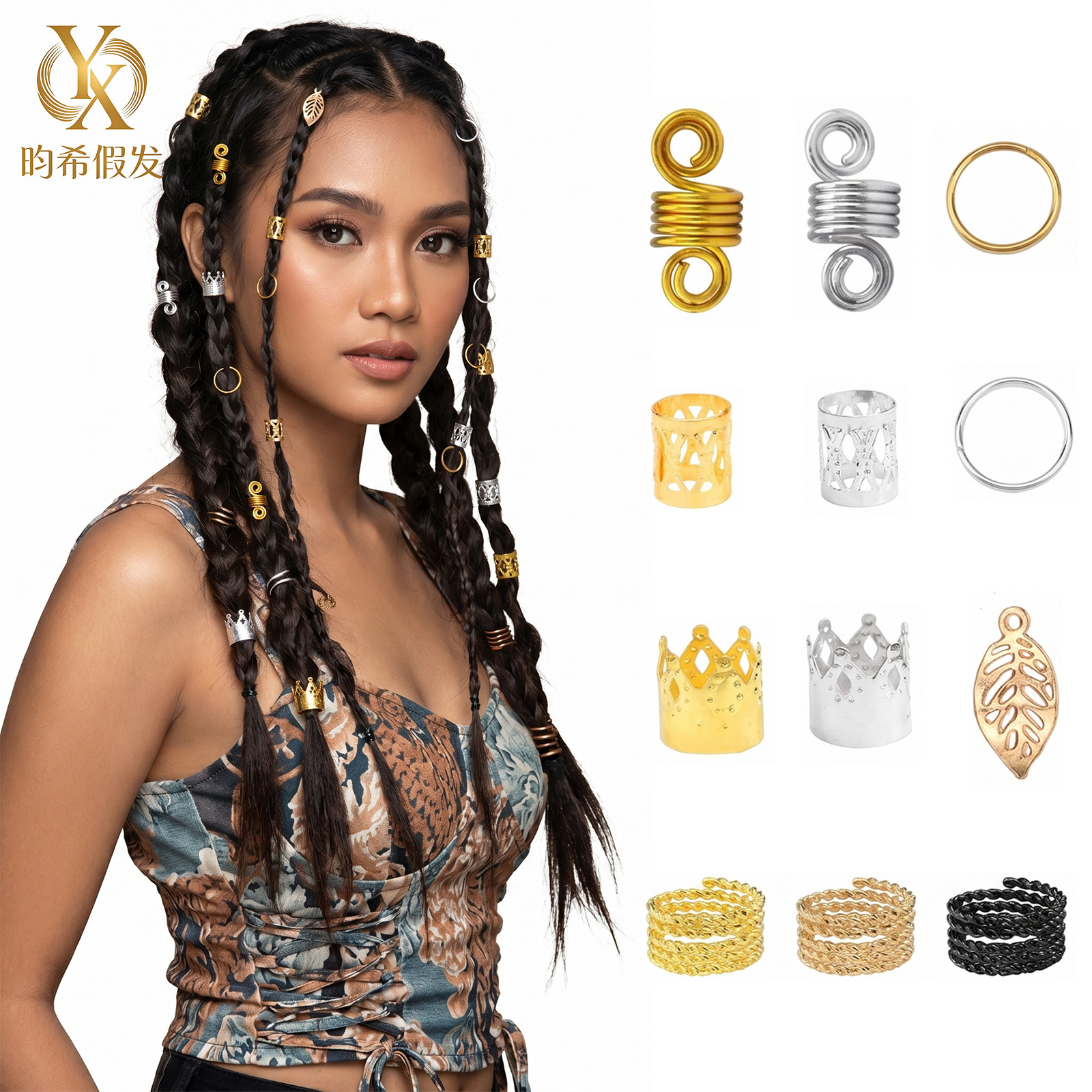 hair braid cuff假发脏辫扣接发环 大树叶复古式合金挂坠镂空花管