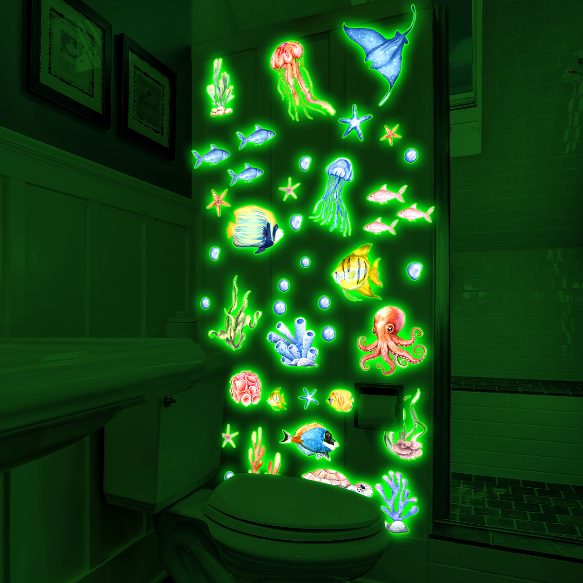 Ycg9257 Luminous Underwater World Turtle Bubble Bathroom Sticker Children's Room Bedroom Fluorescent Decoration Creative Wall Sticker