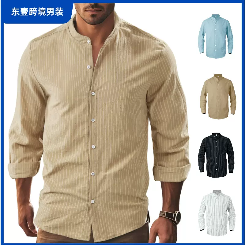 跨境热卖秋季商务棉麻男士衬衫条纹新款长袖衬衣休闲潮流修身薄款