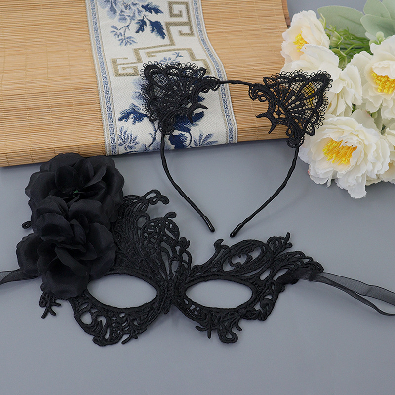 Halloween nueva máscara de encaje de rosa caliente misteriosa sexy mitad cara adorable gato orejas conjunto de banda de pelo