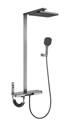 Xiaohongshu Internet celebrity cream white shower set gun gray wall-mounted square tube temperature control digital display pressure-increasing shower head 