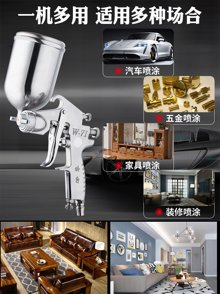 ✅84GG汽车油漆喷枪w77家具机械彩钢瓦乳胶油漆下喷壶w71气动喷