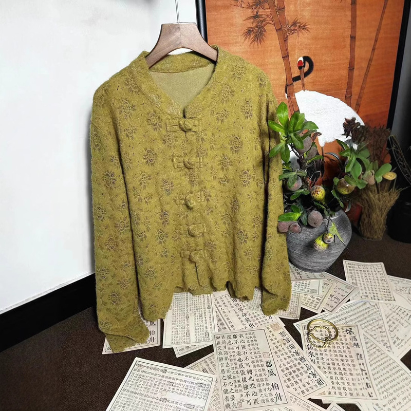 Ancient Clothing Spring Literary Retro Chinese Button Plush Lace Shirt Women's Single-Breasted Slim Elegant Shirt