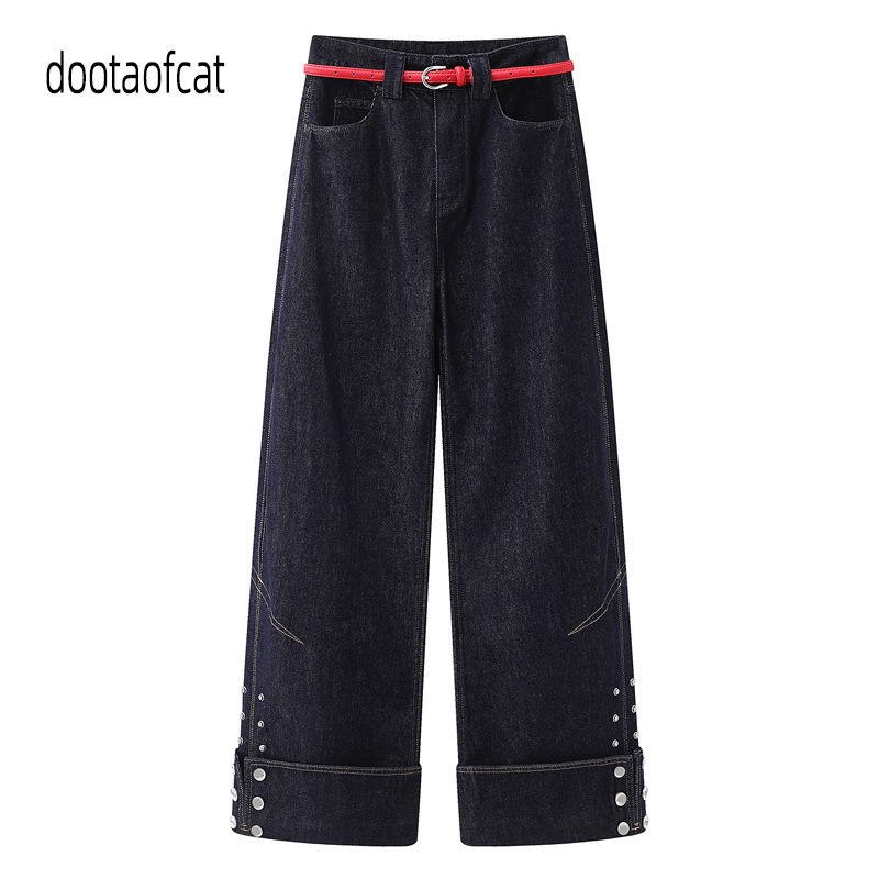 2026 Spring New Women's Fashion Color-Block Belt Snap Button Rolled Hem Slightly Curved Straight-Leg Jeans Rk11302291