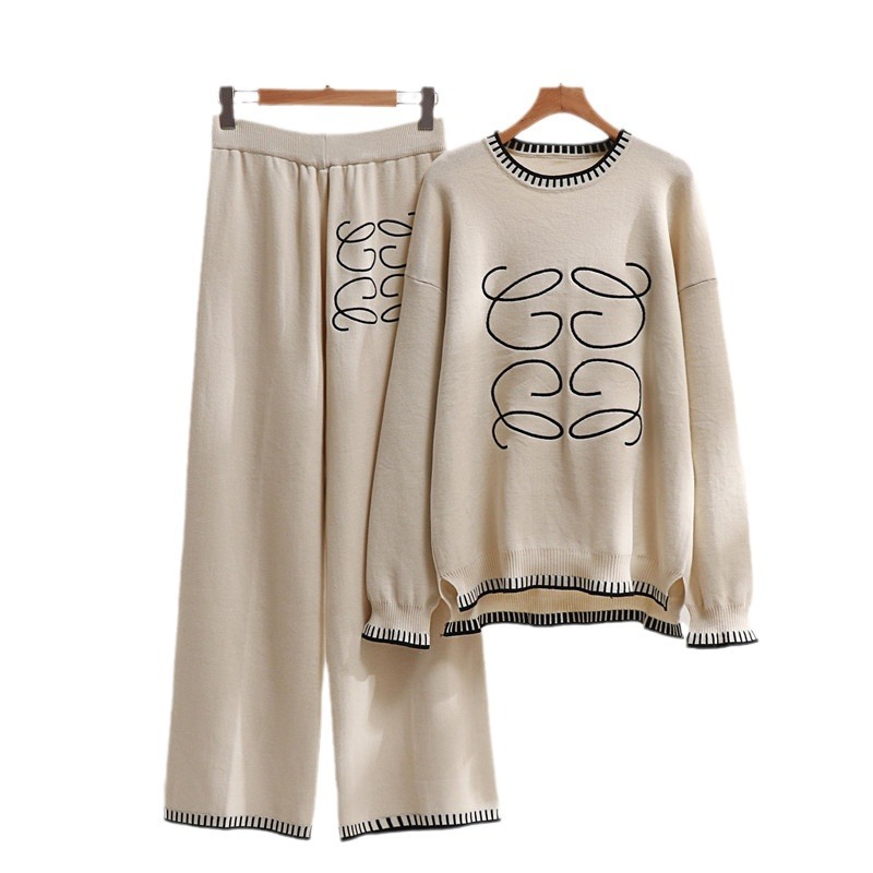 Women's Clothing new fashion suit simple temperament round neck loose top high waist wide leg pants knitted two piece suit_voghion.com