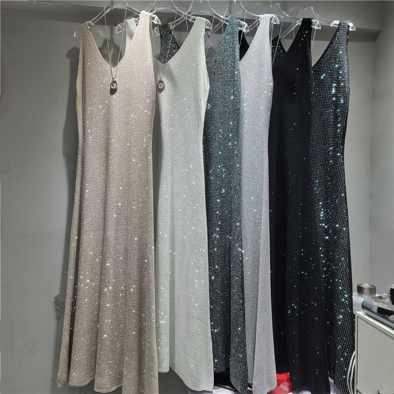 Sparkling Rhinestone Dress, High-End Sleeveless Long Dress for Women, Slimming with Rhinestones, Inner Strap Dress, High-End Evening Gown for Party Wear
