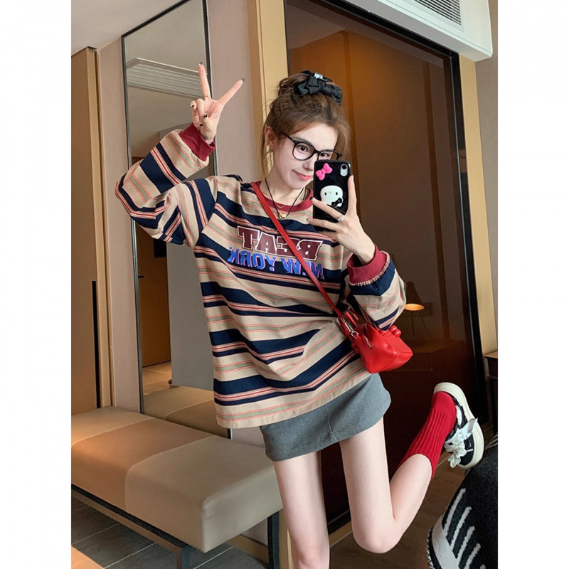 Jinliang Official Images [In Stock + Original Quality] Dopamine Autumn American Retro Long-Sleeved Base Layer Top