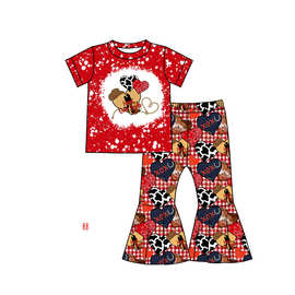 欧美精品店童装外贸批发红色爱心印花女孩情人节喇叭裤套装