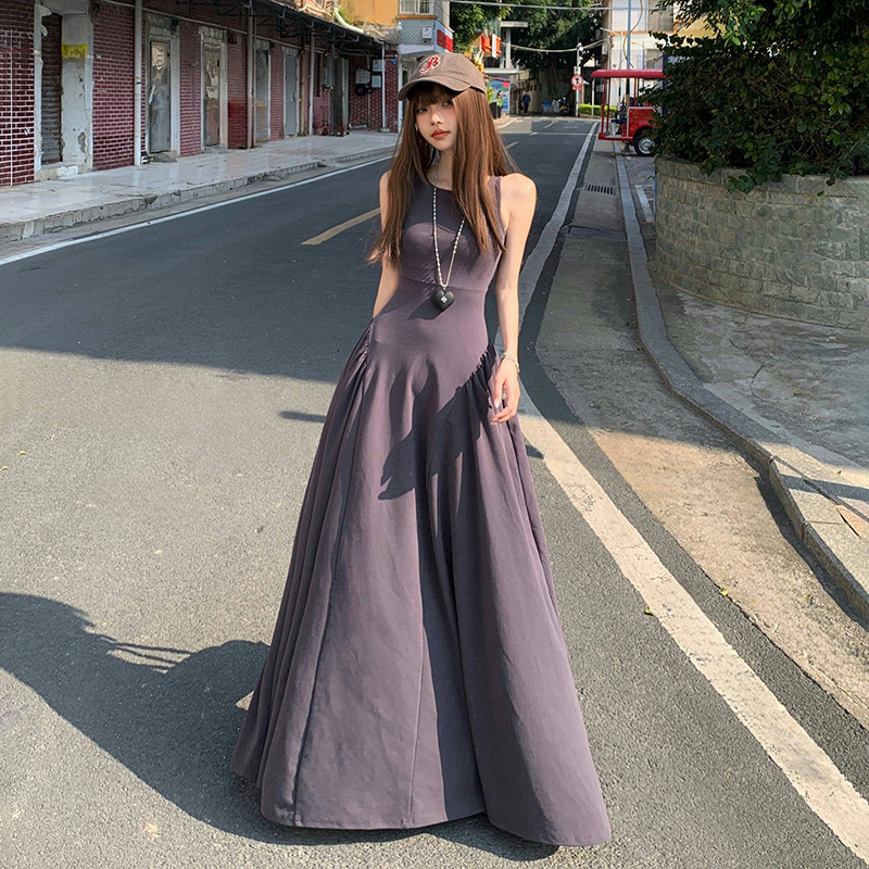YC & French Slim Fit High-end Temperament dress Back Hollow-out Backless Spice Girls Tight Waist Large A- line Skirt Long Skirt