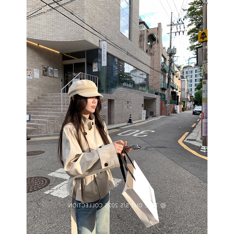 外卖到了【首尔假日】早秋韩系短款风衣外套女英伦风立领收腰外套|undefined