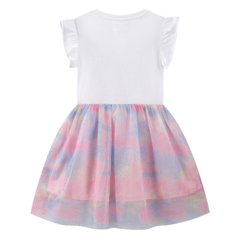Vestido infantil 2025 Primavera/Verano Nuevo vestido de encaje para niñas, estilo europeo y americano, manga corta, vestido de gasa suave, al por mayor.