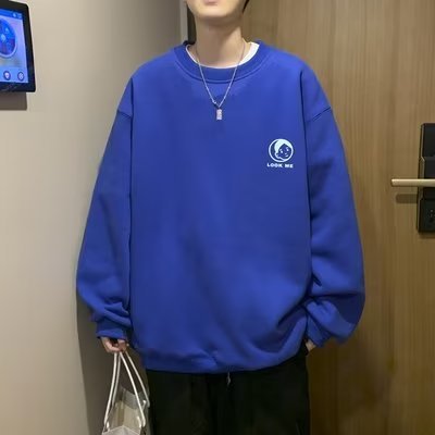 Men's Hong Kong Style Sweatshirt, Ins Trendy Brand Loose Casual Sweatshirt for Boys, Winter Warm Fleece Jacket, Youth Round Neck Capless Top