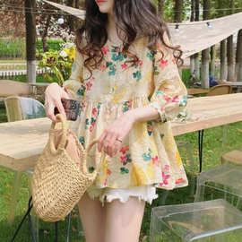 娃娃衫上衣韩版宽松通勤甜美洋气碎花高端苎麻蓬蓬小衫中袖衬