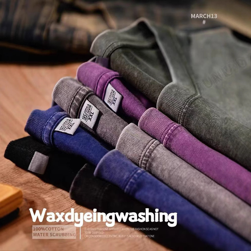 230 grams of batik washed round neck short sleeve men's European code cross-border tide brand old cotton T-shirt American high street vintage T