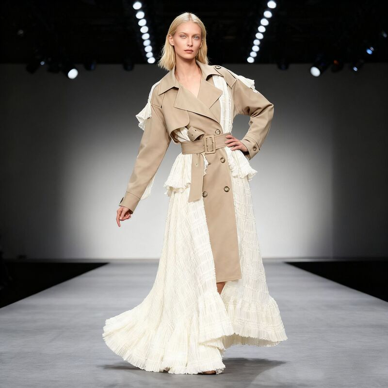 High-End Runway Style Retro French Trench Coat Long Coat 2026 Summer New Women's Patchwork Jacket