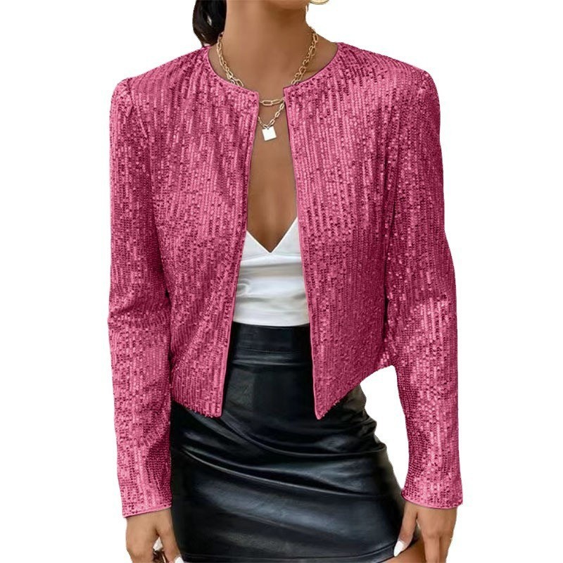 280g Weight Casual Jacket Outerwear Type Long Sleeve Sleeve Length Polyester Fabric Type Regular Top Length Coat Tops Type Holiday, Party Occasion Round Neck Neckline Slim Fit Type Solid Color Pattern Spring, Autumn Season Women's Gender Sequins Design Streetwear Style Women's Streetwear Solid Color Sequins Coat Casual Jacket 15