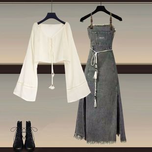 Summer Outfit Set for Women 2025 New Fashion Chiffon Sun Top with Denim Suspender Dress Two-Piece Set