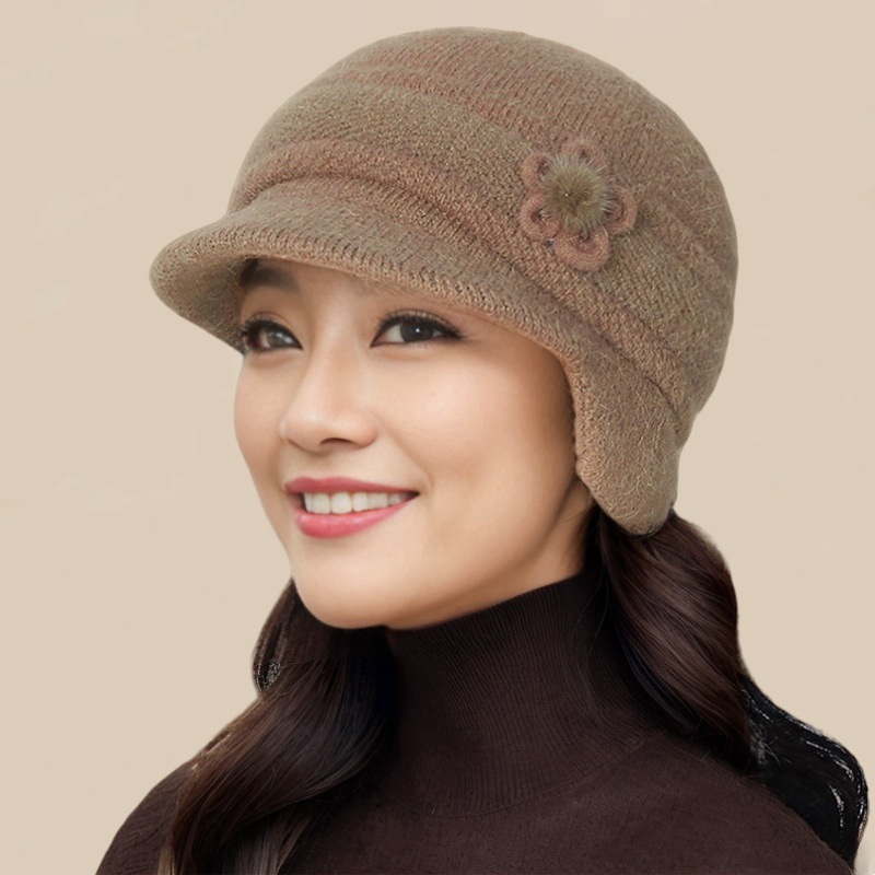 中老年帽子女冬季加绒加厚毛线帽时尚妈妈棉帽户外保暖护耳针织帽|undefined