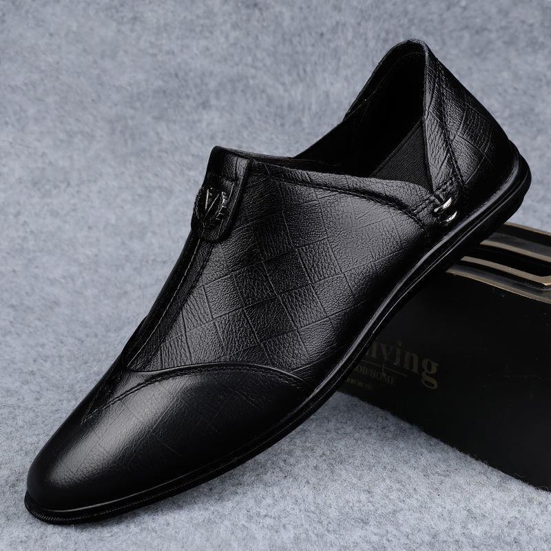 100% Full Leather Men's Casual Shoes, Breathable Soft Sole Youth Slip-On Work Trendy Men's Shoes